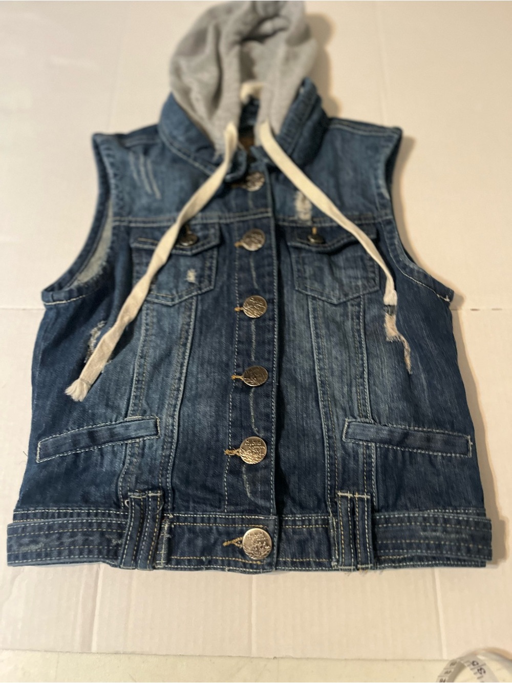 Hybrid & company Blue Denim Vest with Gray Hood
